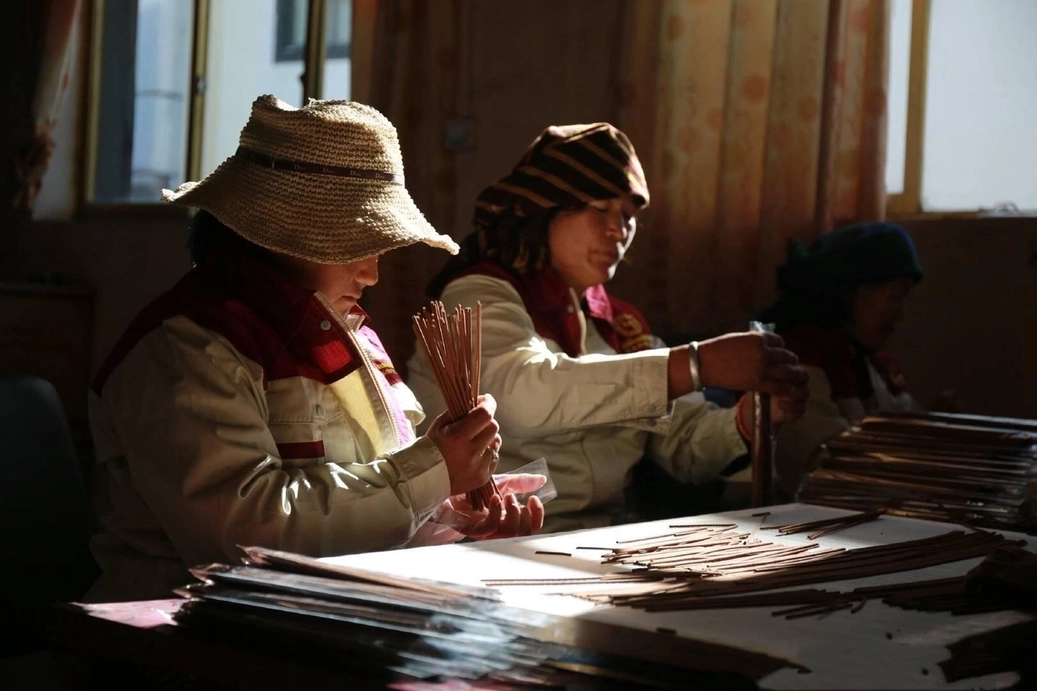 Local Tibetan women at Labrang Dayagan factory collecting and packaging Mahayana Ritual Incense.