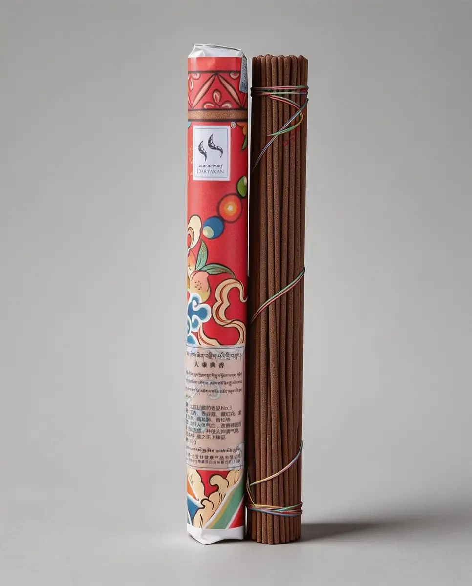 Front view of Mahayana Tibetan incense packaging with Labrang Monastery product labeling.