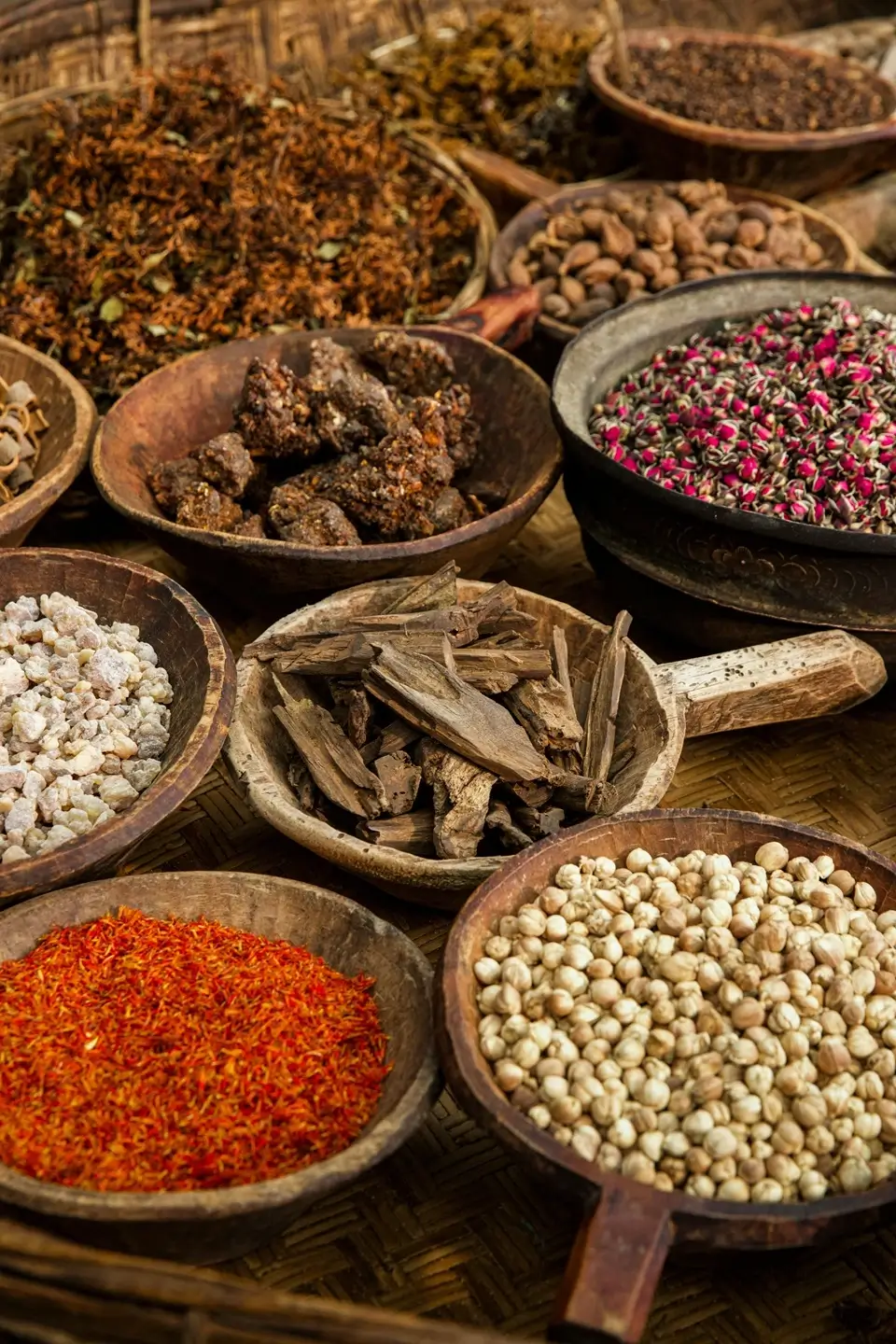 Selected botanical materials arranged for the Labrang incense formula.